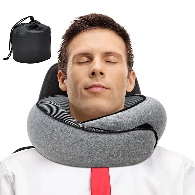 Memory Foam Travel Neck Pillow U-shaped, adjustable, and portable for ultimate neck support. Perfect for travel, naps, and relaxation on-the-go!